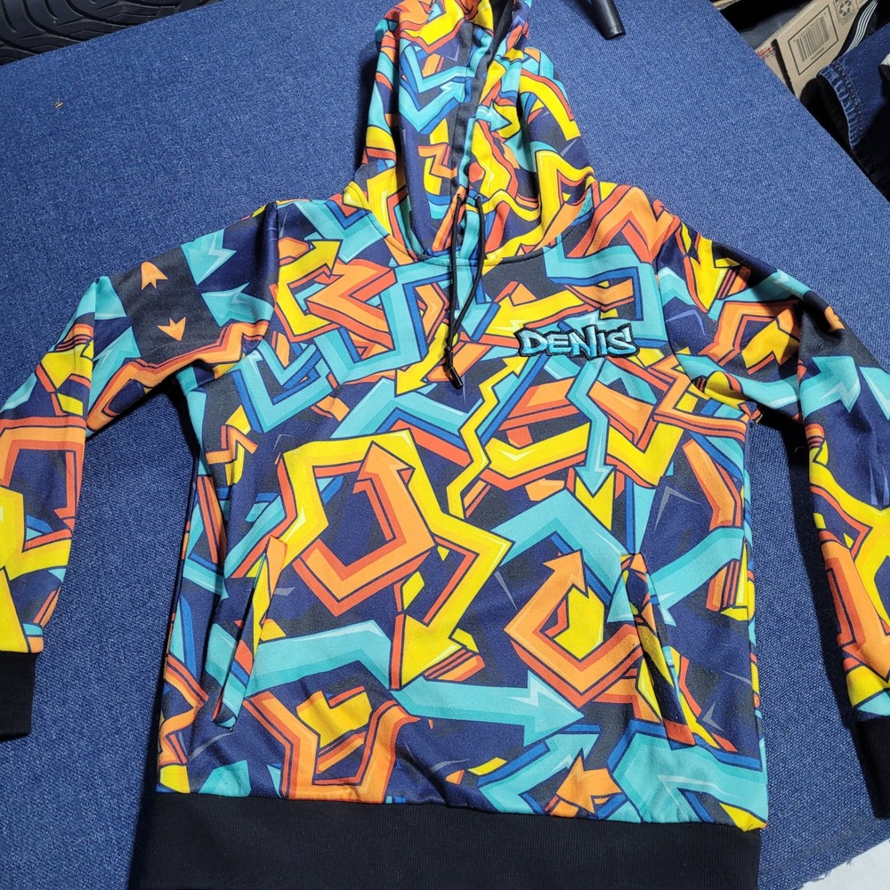 DENIS Graffiti Arrow Print Hoodie Pullover Sweatshirt Orange Yellow Blue Size S